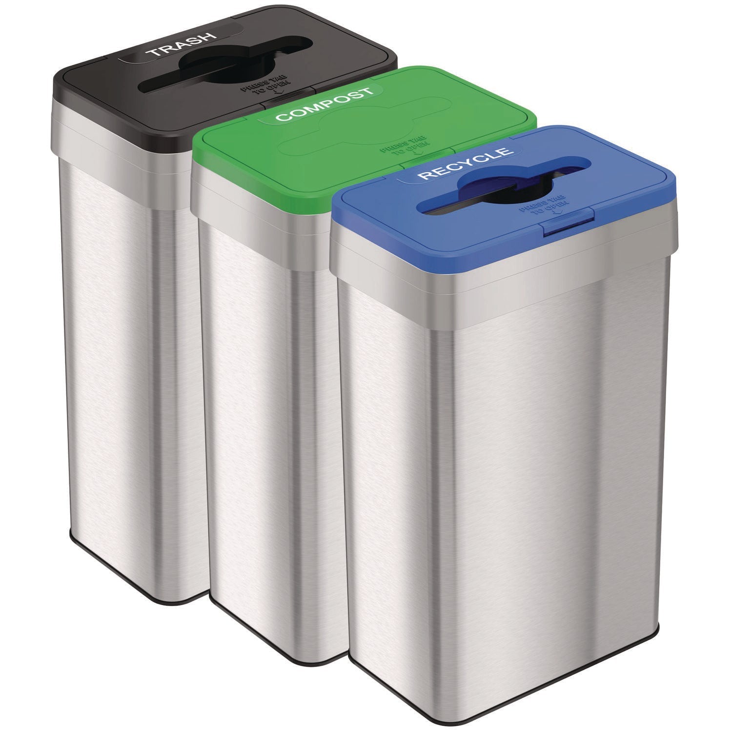 hls-commercial-r-open-top-trash-can-recycle-bin-compost-bin-w-color-coded-lids-set-21-gal-plastic-stainless-steel-silver-black-blue-green-hlmhls21uottrio_1